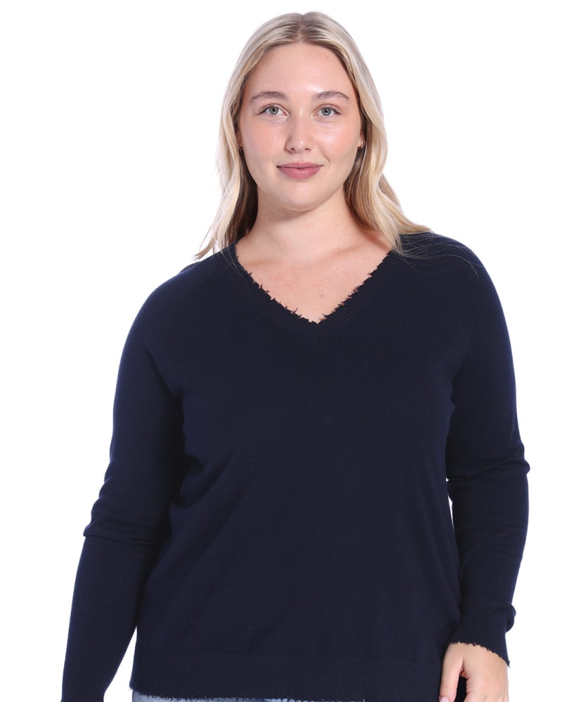 Front of a model wearing a size 1X Cotton Cashmere Distressed Long Sleeve V-Neck Sweater in Navy by Minnie Rose. | dia_product_style_image_id:324864